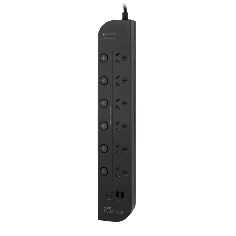 Crest 6 Socket Switched Platinum Power Board USB PD 65W