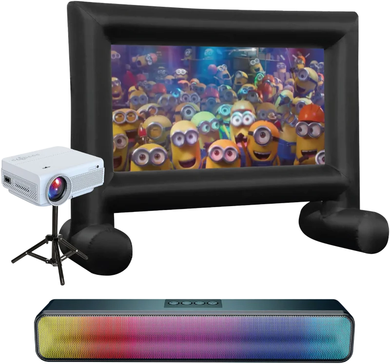 Laser 1080P Projector Bundle with 144" Inflatable Screen, Soundbar, Projector Stand