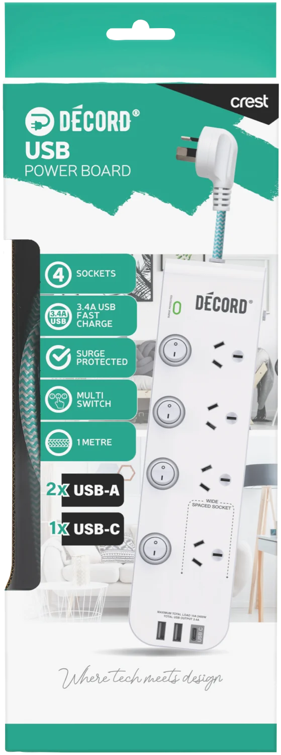 Crest Decord Power Board 4 Sockets 4 Switch 3 USB 1m