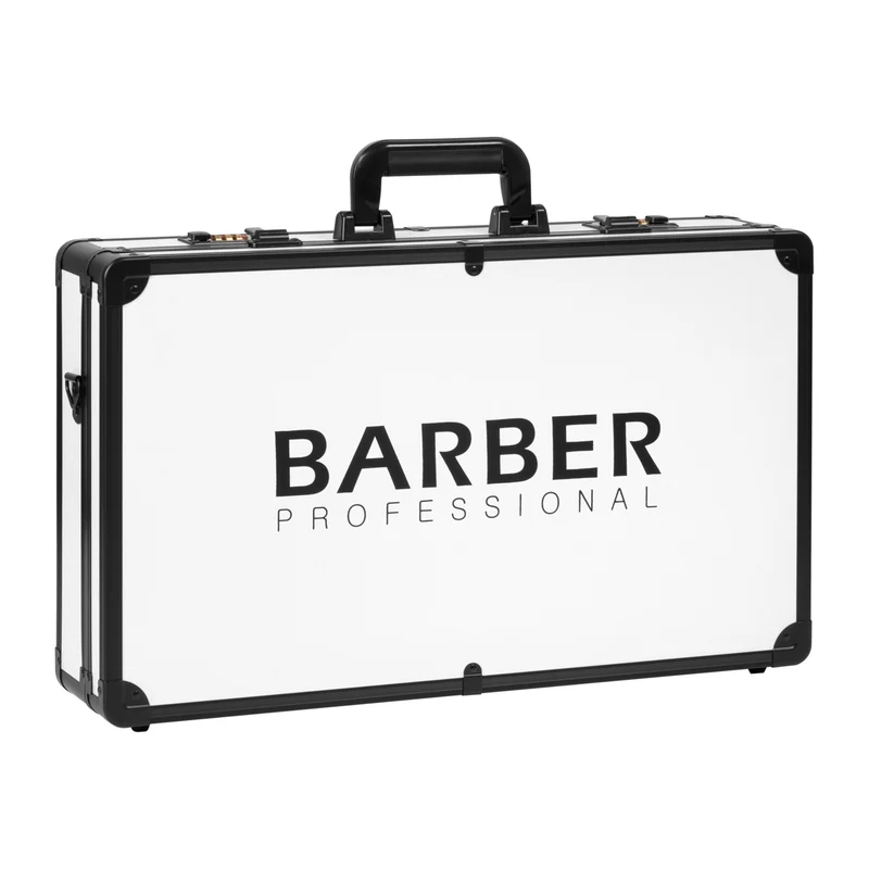 Aluminium kapperskoffer zwart-wit met dubbel cijferslot, schouderriem en vakindeling – professionele kapperskoffer voor salon en mobiel gebruik