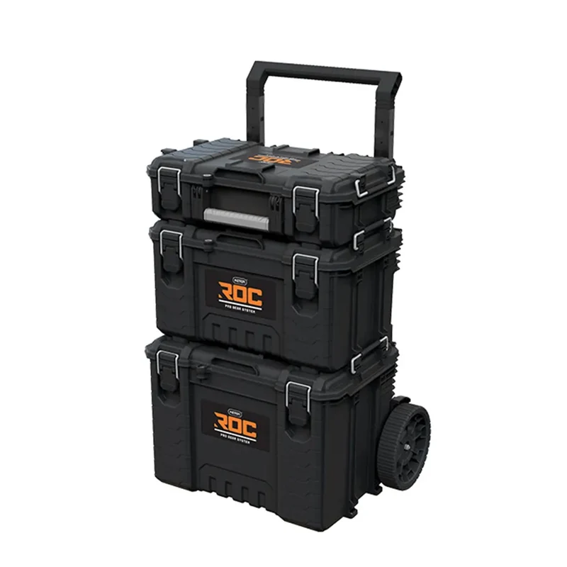 Lot de 3 coffres à outils Keter ROC Pro Gear 2.0, capacité totale de 110 L, indice de protection IP65, poignée télescopique amovible, possibilité de verrouillage par cadenas, 256982
