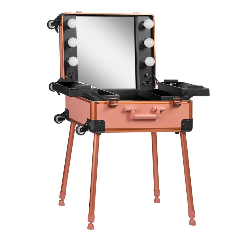 Draagbare cosmetische werkstation koffer T-27 rosegoud met verlichting verrijdbaar verstelbare poten make-up station voor visagisten