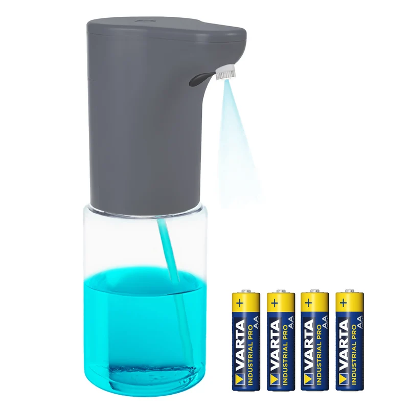 Distributeur automatique Promedix, récipient pour savons liquides, désinfectants liquides, 300ml, gris, PR-540 GR + 4 piles Varta Industrial AA