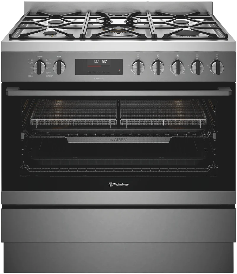 Westinghouse 90cm Dual Fuel Pyrolytic Steam Freestanding Cooker with Airfry, Dark Stainless Steel