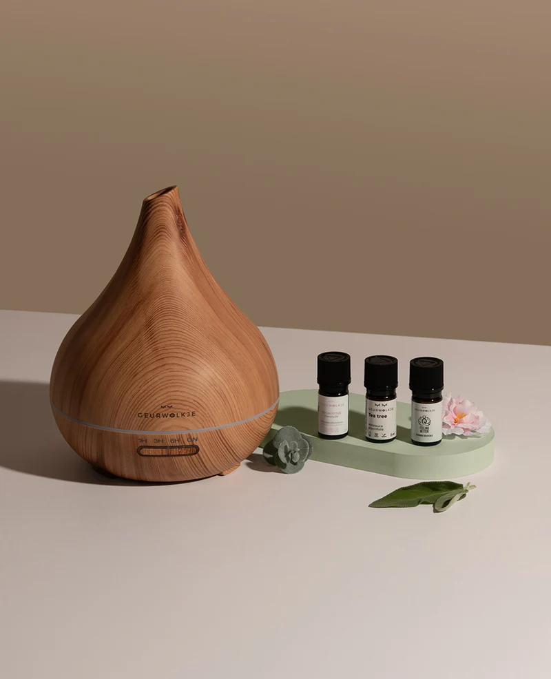 Geurwolkje® Aroma Diffuser Bundel Vitaliteit, Unity Lichthout Diffuser, Met etherische olie, Feeling Better, Tea Tree en Eucalyptus