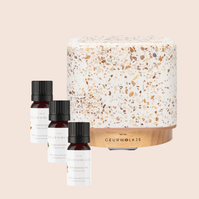 Geurwolkje® Aroma Diffuser Bundel Herfst, Living Green Kubus Diffuser, Met etherische olie, Herfstzon, Boswandeling en Sinaasappel