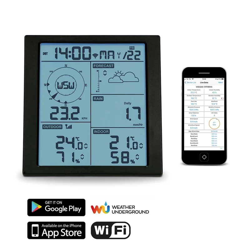 Alecto WS5200 - Professioneel 6 in 1 wifi weerstation met app en draadloze buitensensor, zwart