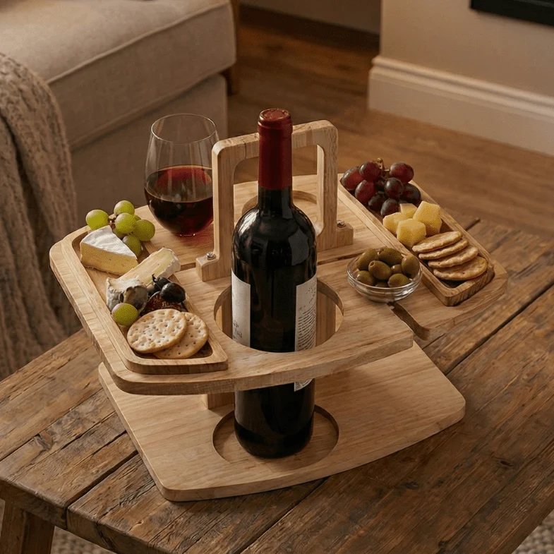 Houten Picknicktafel met Vakken voor Wijn en Hapjes Buitendiner Tuintafel Opvouwbaar Draagbaar Camping | Sansoti