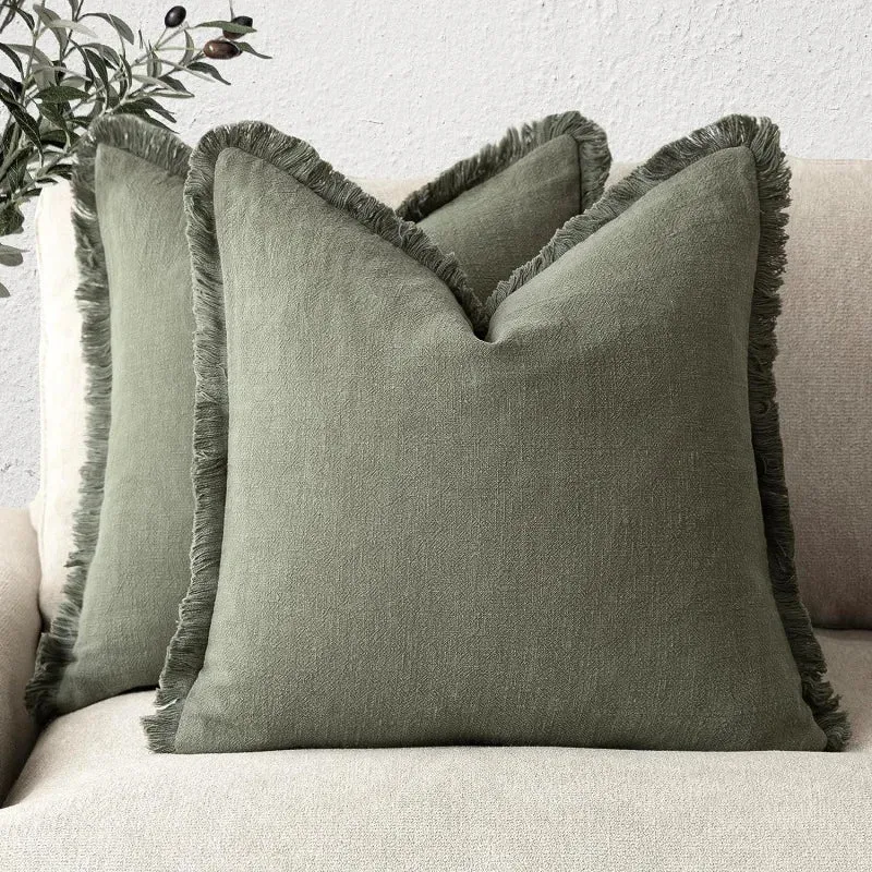 Kussenslopen Katoen-Linnen 45x45 Beige Grijs Olijfgroen Blauw Wit Franjes Ritssluiting Decoratief Bank | Sansoti