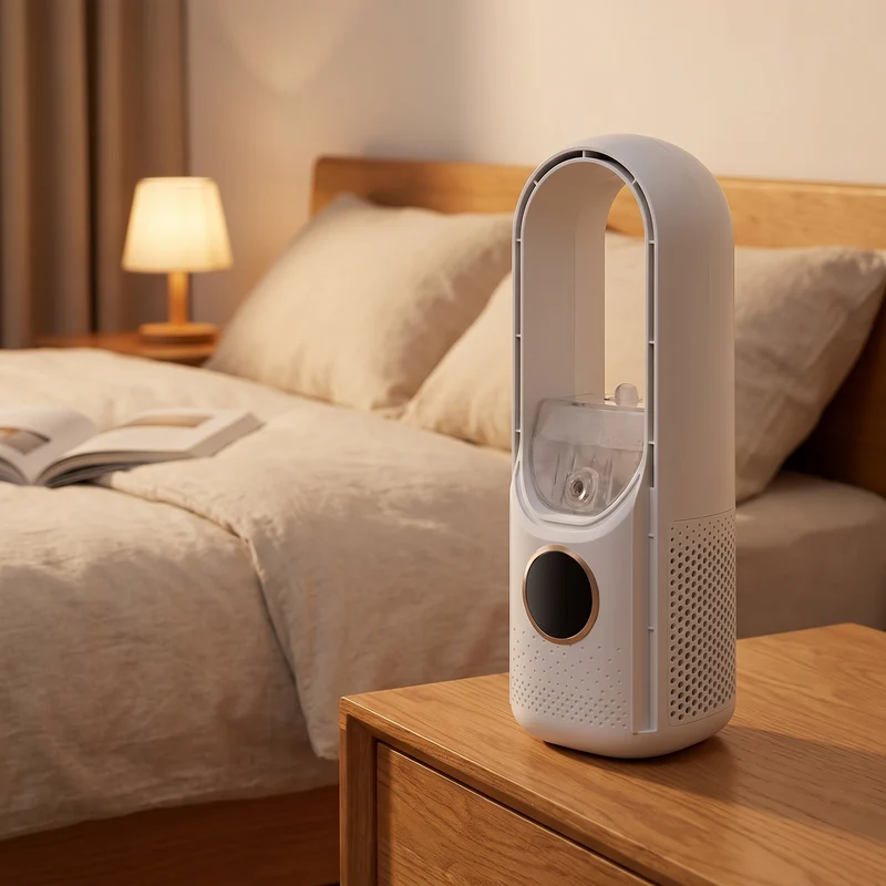 Bladloze Ventilator Draadloos Oplaadbaar Stil Nachtkastje Slaapkamer Wit Blauw 30,5cm | Sansoti