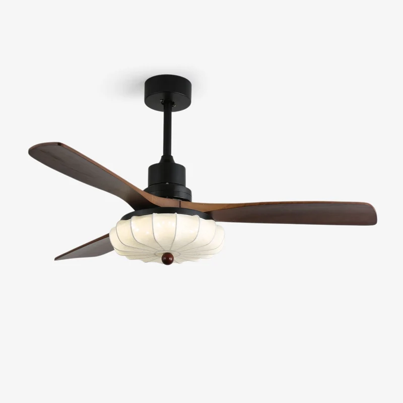 Plafondventilator met Verlichting – DC-Motor – Lotus-Dessin Katoenen Kap – Walnoothouten Bladen – Regelbaar & Omkeerbaar | Sansoti