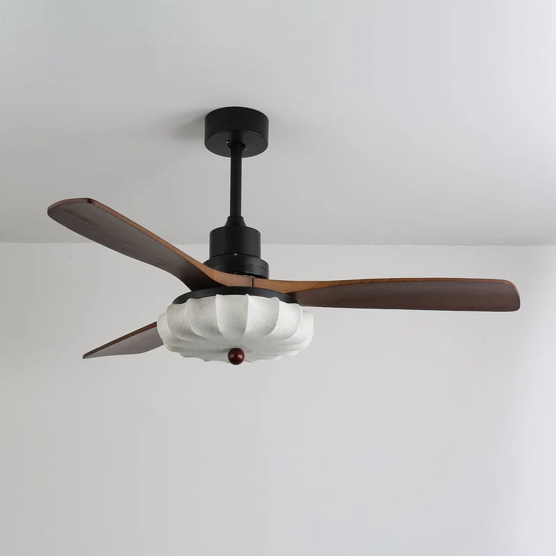 Plafondventilator met Verlichting Vintage Glazen Kap Houten Bladen 91-132cm | Sansoti