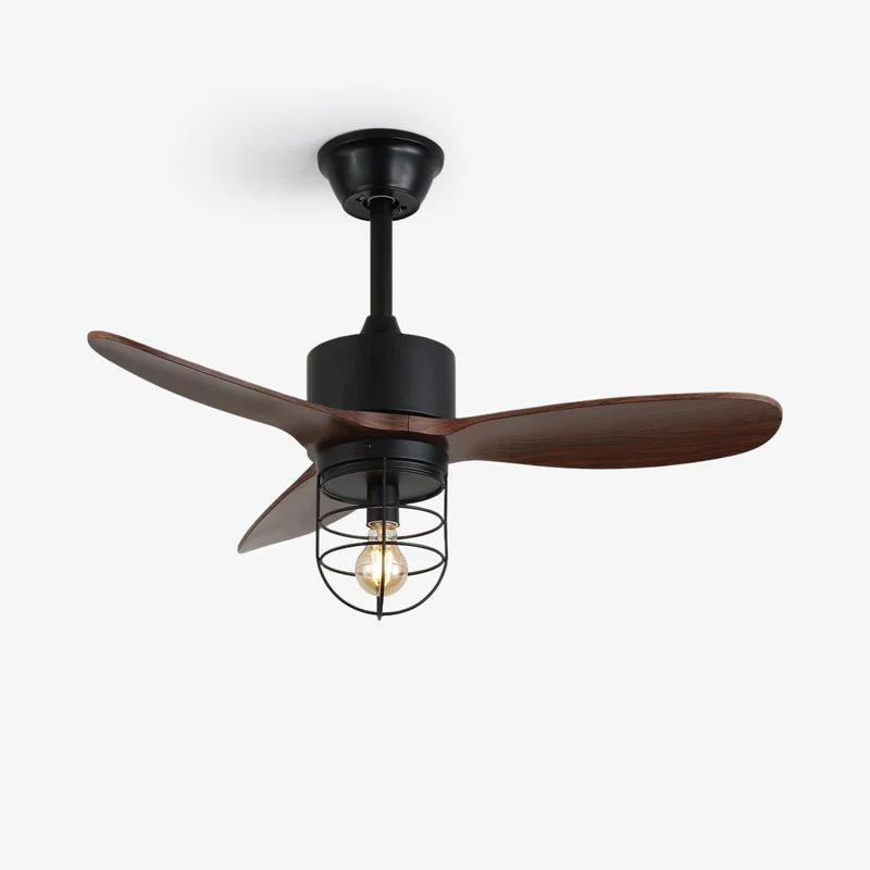 Industriële Plafondventilator met Verlichting Ø91cm – Metalen Frame – Glazen Kap – 6 Snelheden – Afstandsbediening – AC 110-240V – Walnoot & Zwart | Sansoti
