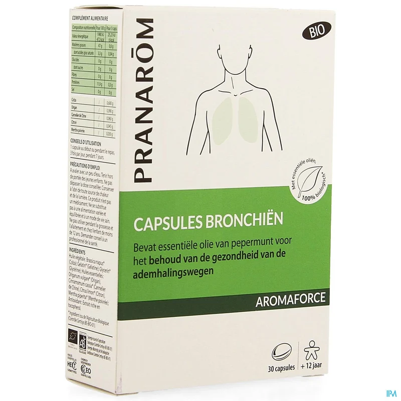 Aromaforce Bio Bronchien Caps 30 - Biologische Ondersteuning Luchtwegen met Pepermunt & Kaneel