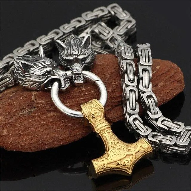 Roestvrij Stalen Schakelketting met Dubbele Wolfskop & Hamer Ornament 60-90cm Verstelbaar Unisex Sieraad | Sansoti