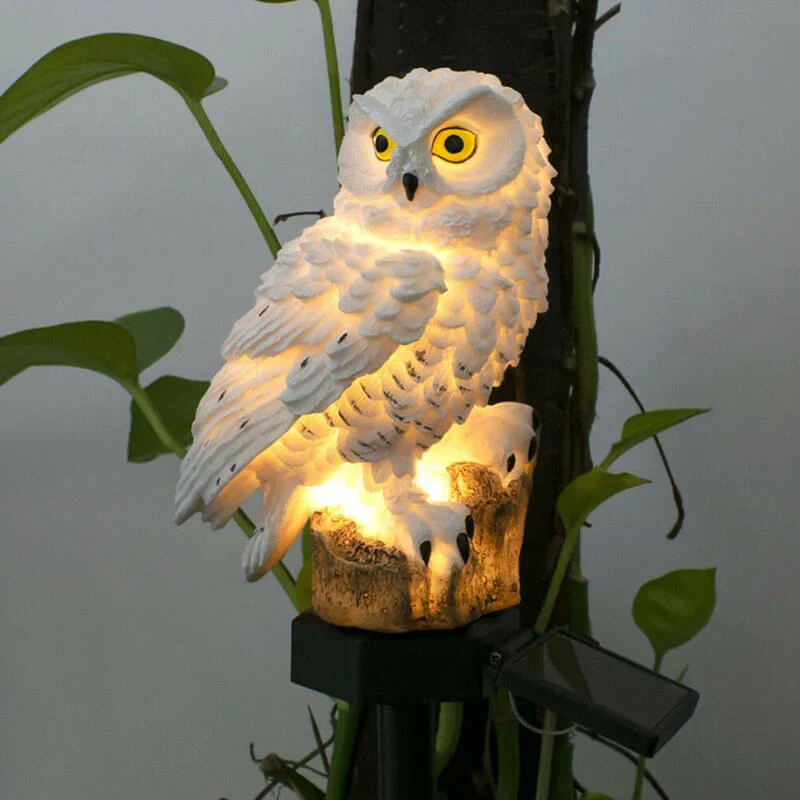 Uilvormige Tuinlamp op Zonne-energie 45cm Bruin Wit Decoratieve Buitenverlichting Weerbestendig | Sansoti