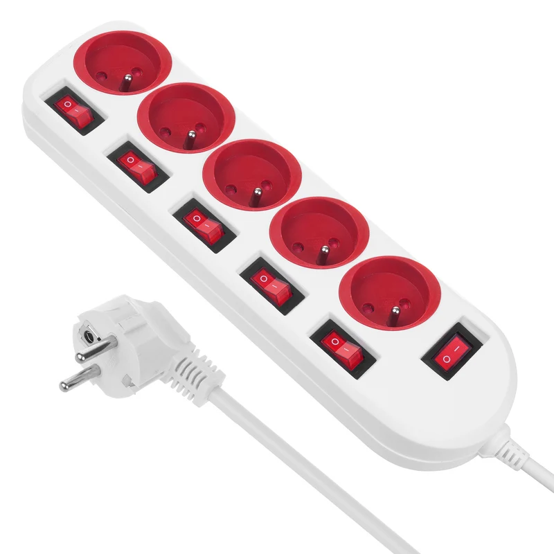 Multiprise Maclean, rallonge 5 prises, avec interrupteurs, 250VAC/10A, 1.5m, MCE204 R/W