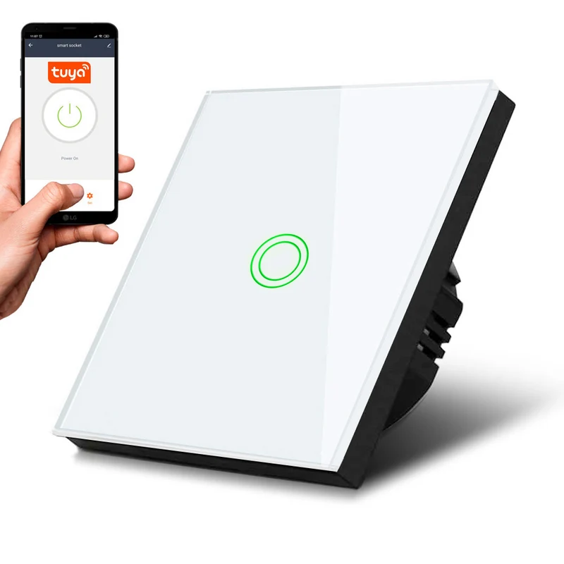 Maclean MCE715W Interrupteur à contact simple, SMART, Tuya APP, verre, blanc avec éclairage par bouton rond, 86x86mm,