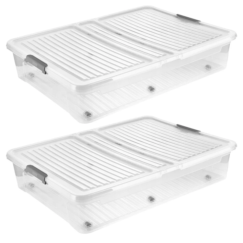 Conteneur avec couvercle Leo Keeeper, capacité 53 L, incolore, muni de roulettes, couvercle à fermeture par clips, lot de 2