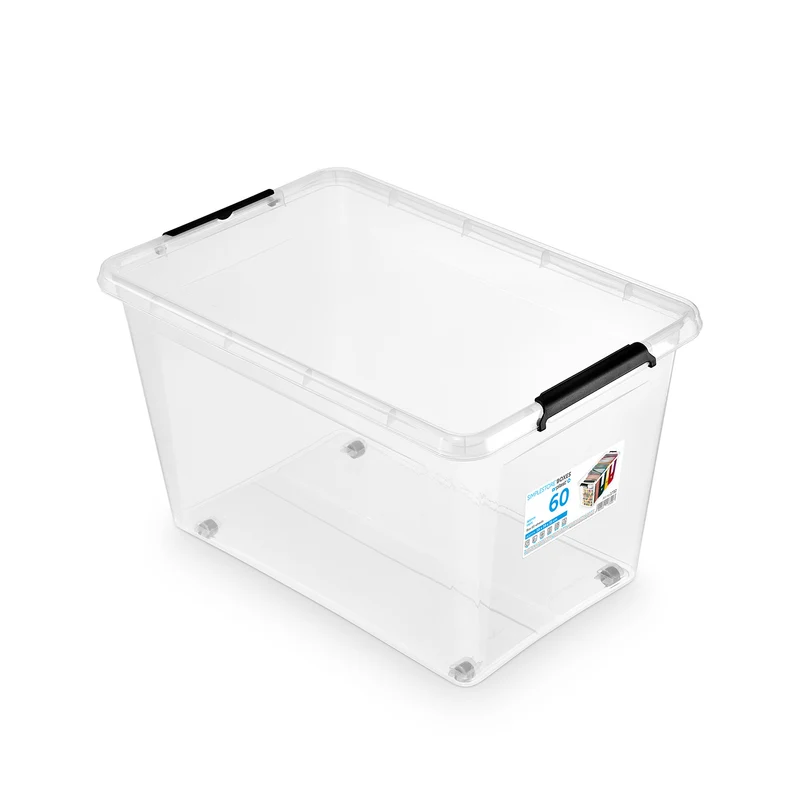 Bac Moxom SimpleStore, capacité 60 L, transparent, couvercle à clips, équipé de roulettes, sans BPA, 04-0081