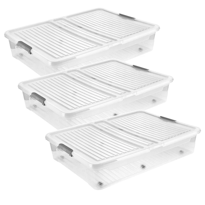 Conteneur avec couvercle Leo Keeeper, capacité 53 L, incolore, muni de roulettes, couvercle à fermeture par clips, lot de 3 pièces