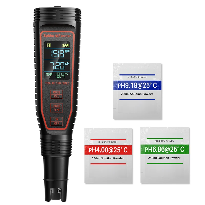 Spider Farmer 5-in-1 pH, EC & TDS Meter – Digitale Hydroponics Watermeter voor pH, EC, TDS, Temperatuur & Zoutgehalte