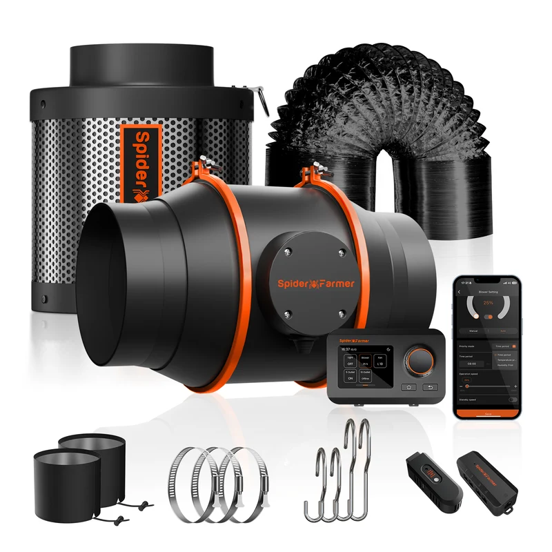 Spider Farmer 6 Inch Ventilatieset 402 CFM – Complete Inline Afzuigventilator met Koolstoffilter, GGS Smart Controller & EC-Motor voor Kweektenten