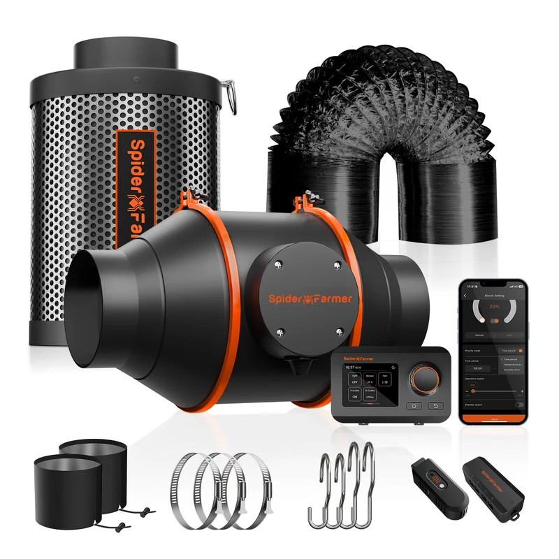 Spider Farmer 4 Inch Inline Fan 205 CFM – Complete Kweektent Ventilatieset met Koolstoffilter, GGS Smart Controller & App-bediening