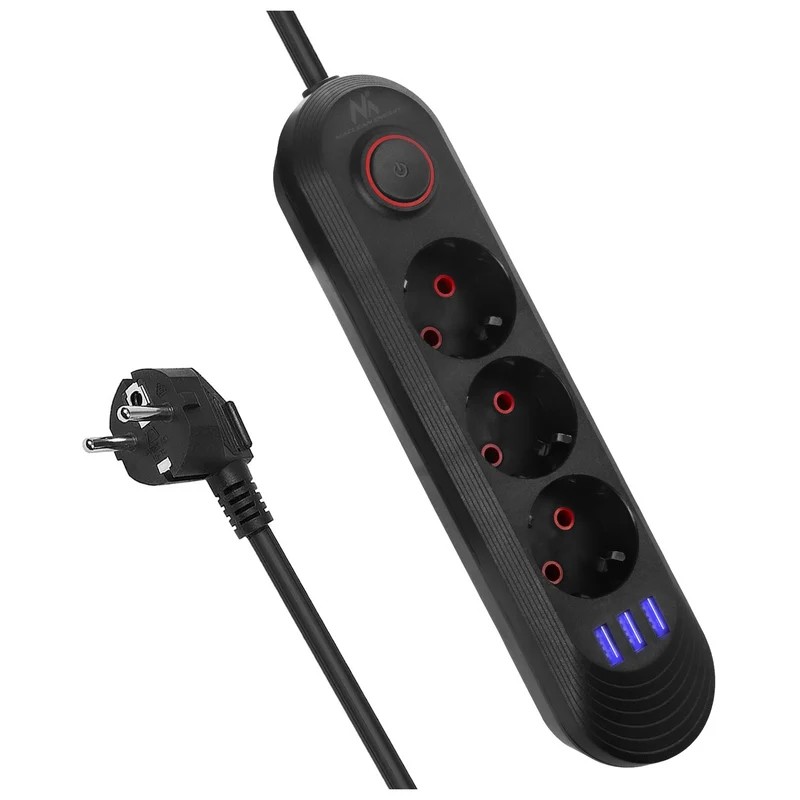 Multiprise Maclean, rallonge 3 prises + 3xUSB, 110-240V AC 50/60Hz, 2.1A max 2500W, 1.5m, noir, MCE394 B