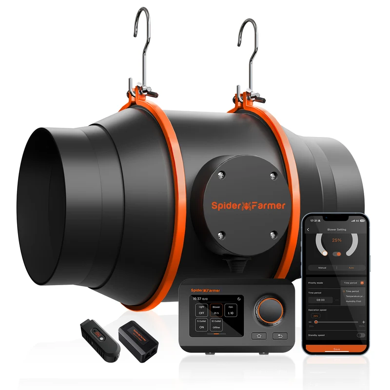 Spider Farmer 150 mm (6 Inch) EC Inline Afzuigventilator 402 CFM – Slimme Kweektent Ventilator met GGS Klimaatcontroller, Temperatuur- & RV-regeling