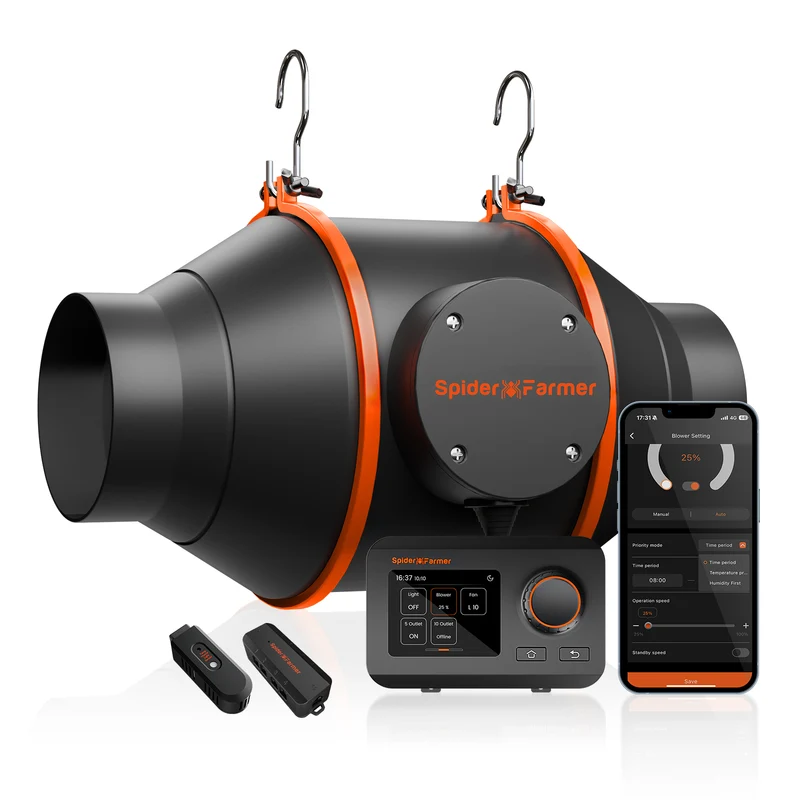 Spider Farmer 4 Inch (100 mm) Inline Afzuigventilator 205 CFM – Stille EC Buisventilator met GGS Smart Controller, App-bediening & Klimaatregeling voor Kweektenten