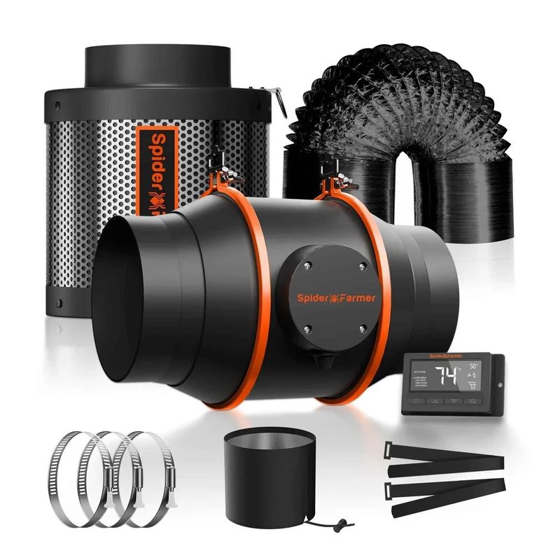 Spider Farmer 6 Inch Ventilatie Set – 402 CFM Slim Kweektent Ventilatiesysteem met Inline Afzuigventilator, Koolstoffilter & Slimme Controller
