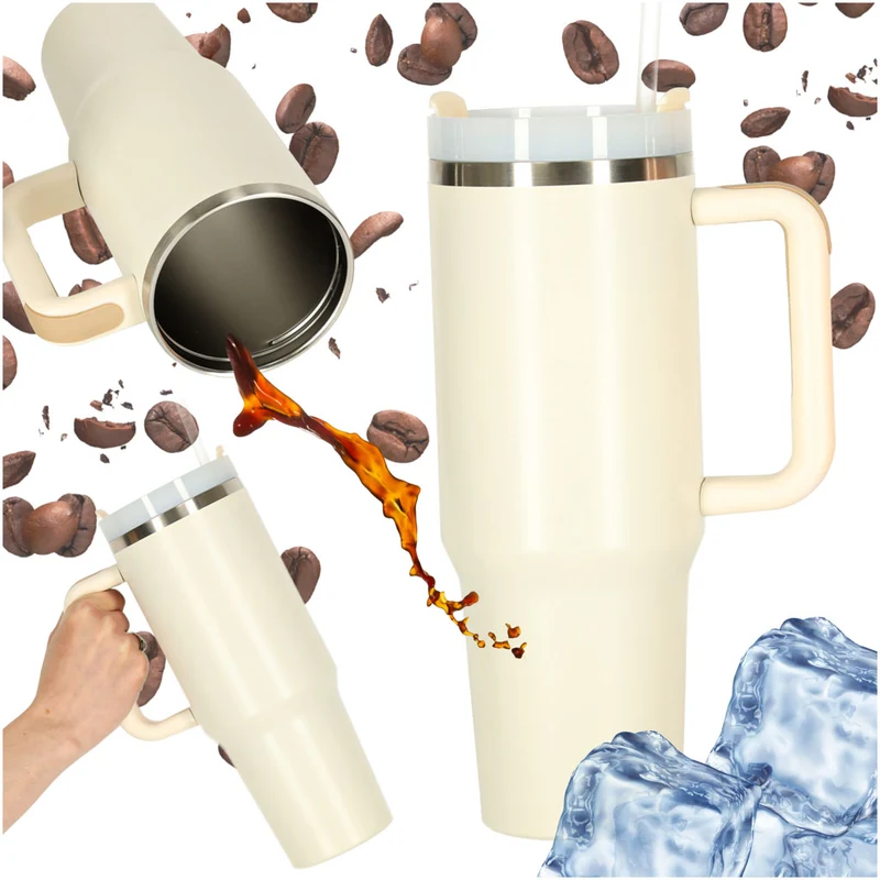 Thermosbeker 1200 ml met Rietje en Handgreep – Dubbelwandige RVS Drinkbeker – Lekvrij – Crème / Beige