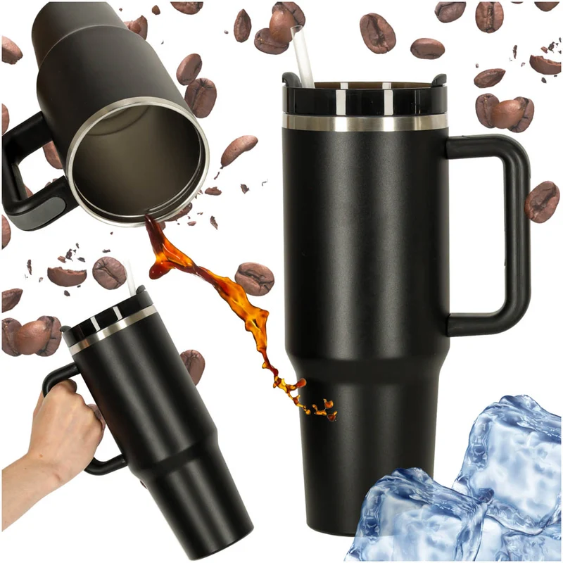 Thermosbeker 1200 ml met Rietje en Handgreep – Dubbelwandige RVS Drinkbeker – Lekvrij – Zwart