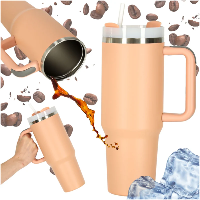 Thermosbeker 1200 ml met Rietje en Handgreep – Dubbelwandige RVS Drinkbeker – Lekvrij – Zalmroze