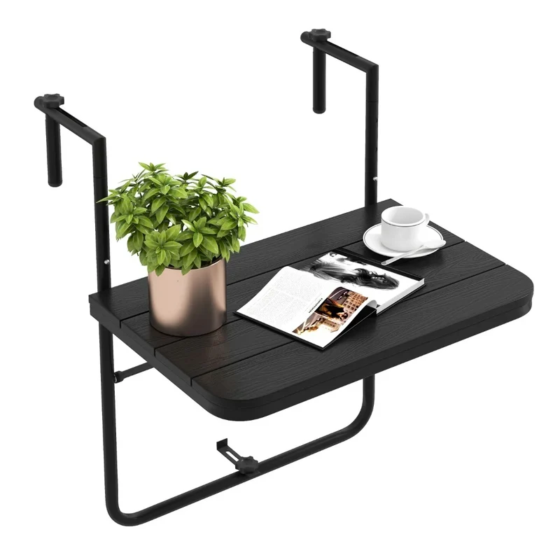 Opklapbare Balkontafel voor Reling – Hangtafel Balkon – In Hoogte Verstelbaar – Opvouwbare Balkontafel – 60 x 40 cm – Zwart