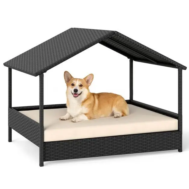 Hondenhuis Rotan Verhoogd met Dak en Wasbaar Kussen – Hondenmand voor Buiten en Binnen – Weerbestendig – Beige/Grijs – 98 x 69 x 72 cm