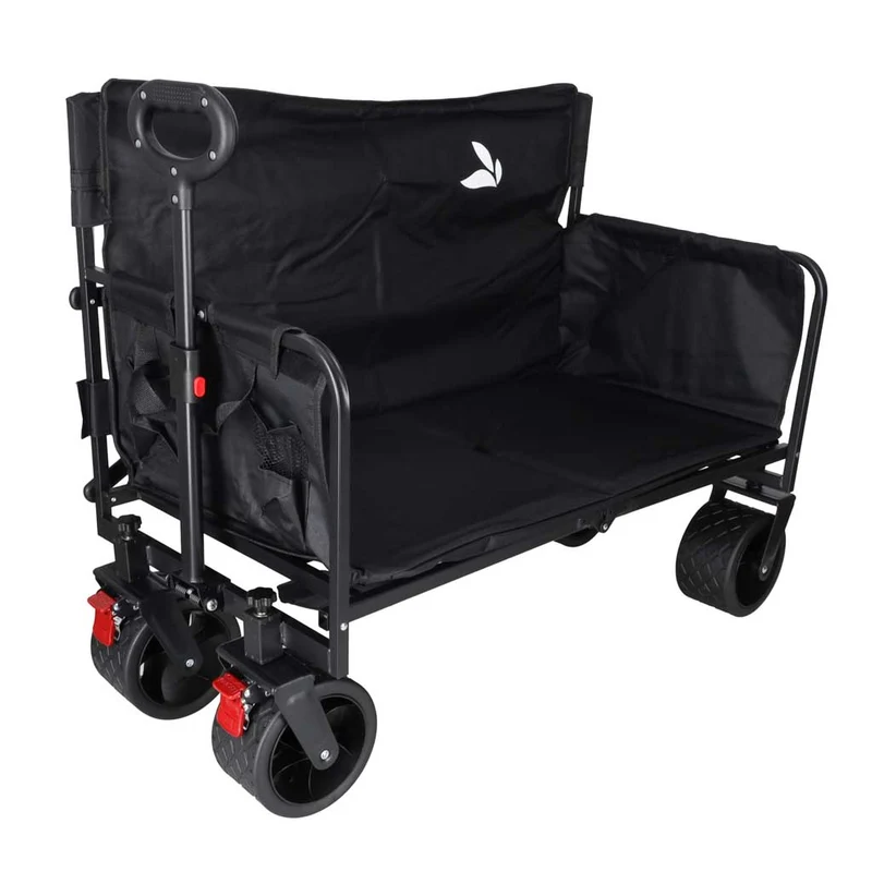 Opvouwbare Bolderkar met Zitje en Rugleuning – Transportwagen – Bolderwagen voor Strand, Camping, Festival, Pretpark en Boodschappen – 150 kg – Zwart