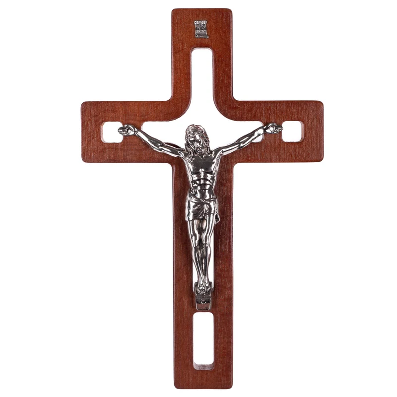 Croix suspendue en bois moderne avec pasque marron 25x16x1.6cm