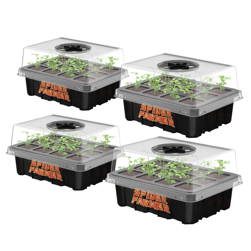 Spider Farmer 4-Pack Zaaitrays met Transparante Dome – 12-Cell Seed Starter Kiemset voor Zaailingen, Stekken, Kruiden & Binnenkweek Propagatie