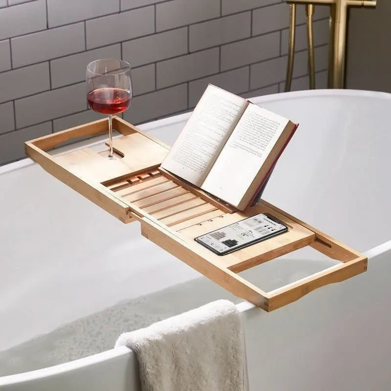 Meralune Bamboo Haven Tablett | Uittrekbaar Badkuiptablett | Duurzaam & Elegant | Met Glas-, Boek- & Tablet-houder