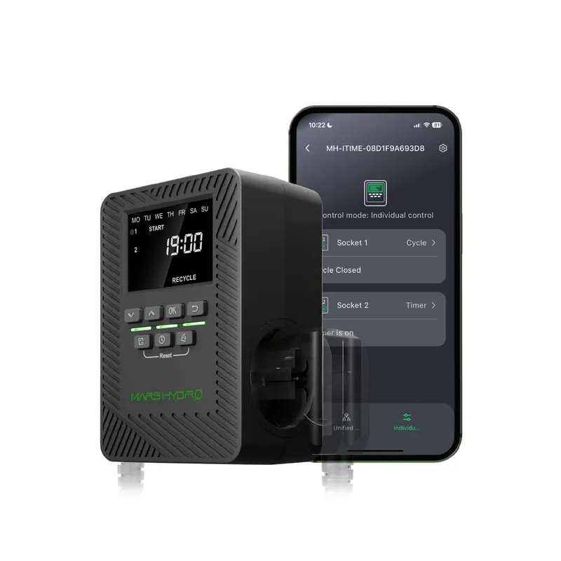 Mars Hydro iTime 2-in-1 Smart Timer – WiFi Digitale Tijdschakelaar met Dual Plug (13A/2990W) voor LED Kweeklampen, Kweektent & Klimaatregeling