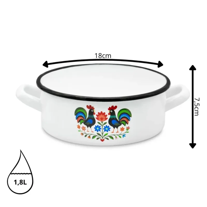 Emaille Braadpan 1,8 Liter – Lage Kookpan 18 cm – Geëmailleerde Pan Folk Design – Wit