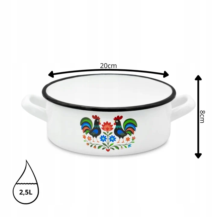 Emaille Braadpan 2,5 Liter – Lage Kookpan 20 cm – Geëmailleerde Pan met Folk Design – Wit