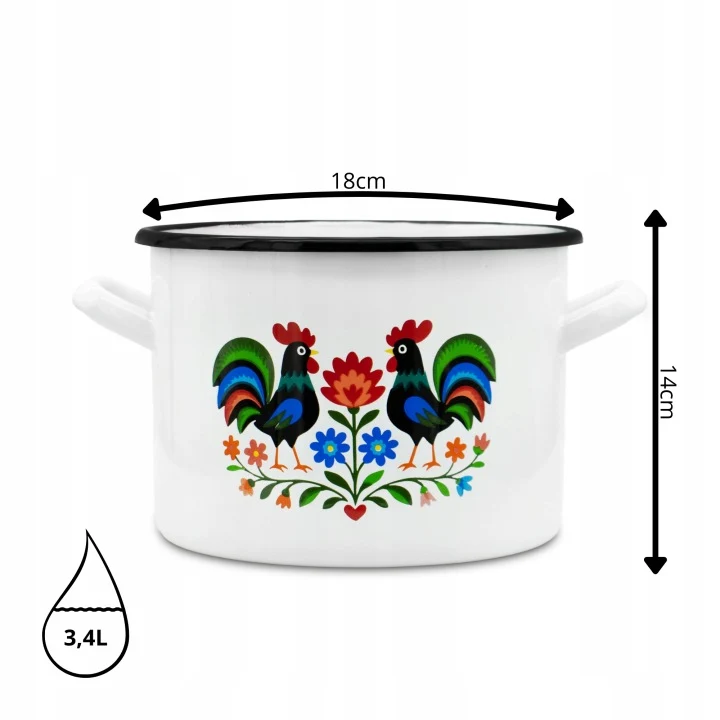 Emaille Kookpan 3,4 Liter – Geëmailleerde Pan 18 cm – Kookpot met Folk Design – Wit