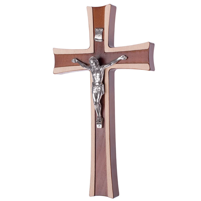 Croix suspendue en bois bicolore avec une bande brune 30x17x1,8cm