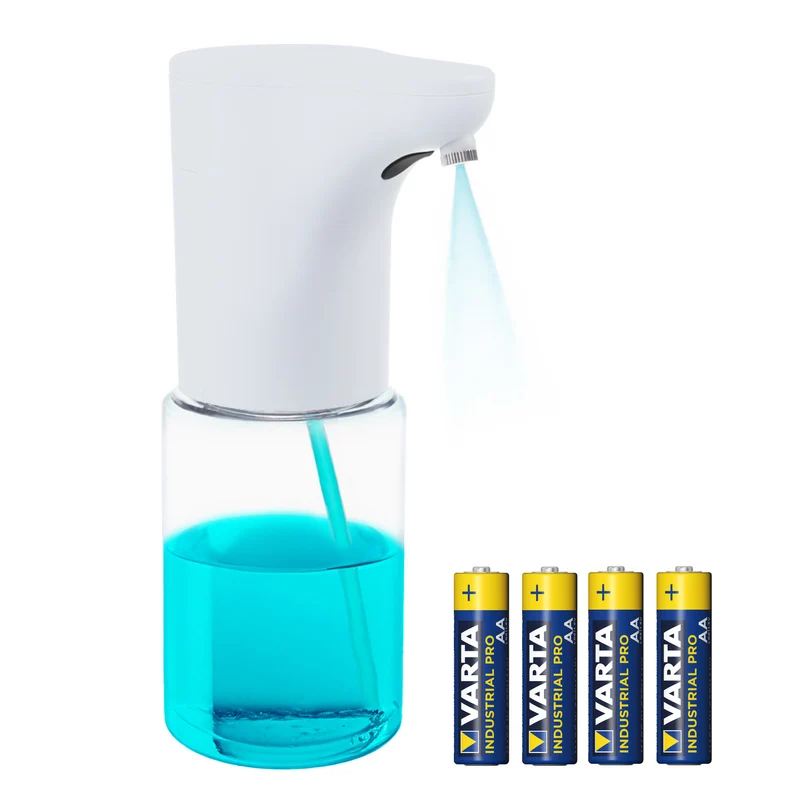 Distributeur automatique Promedix, récipient pour savons liquides, désinfectants liquides, 300ml, blanc, PR-540 W + 4 piles Varta Industrial AA