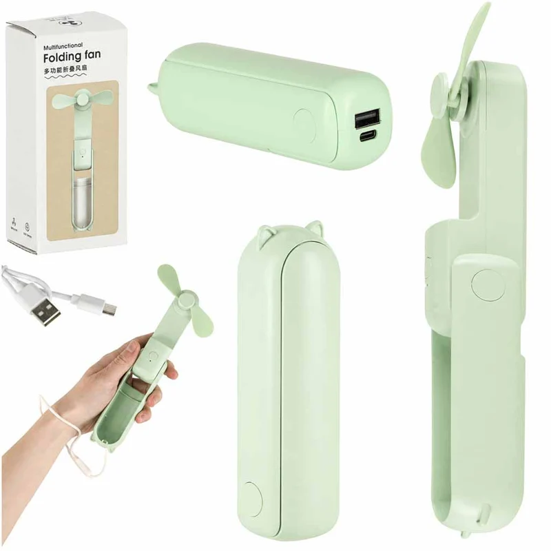 Mini USB Ventilator Opvouwbaar Groen – Draagbare Handventilator – Oplaadbaar via USB-C – Bureauventilator – Powerbankfunctie