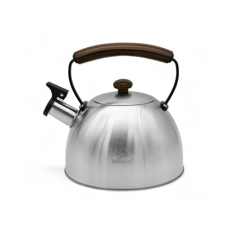 2de kansje Meyerhoff RVS Fluitketel 2,5L – Geborsteld Zilver – Houten Handvat – Fluitketel voor Inductie en Alle Kookplaten