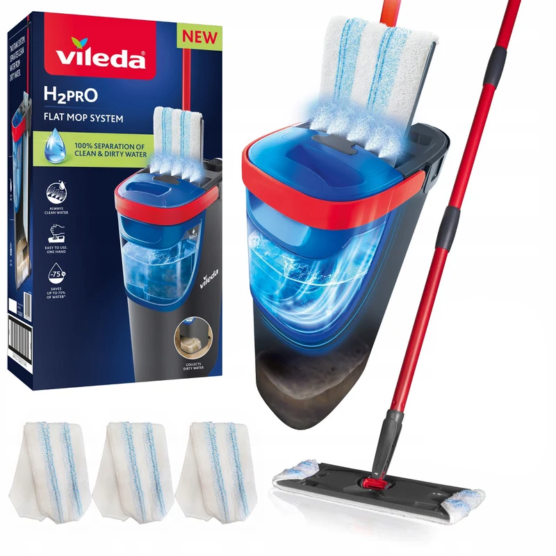 Balai à franges plat Vileda H2prO, séparation à 100 % de l'eau propre et de l'eau sale, deux réservoirs, 3 recharges en microfibre, embout 360°, 175774